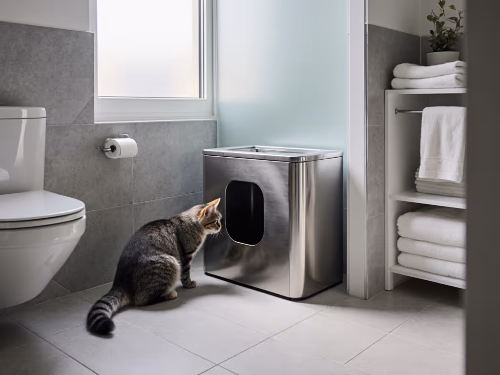 large_cat_using_stainless_steel_litter_box_in_a_small_apartment_bathroom